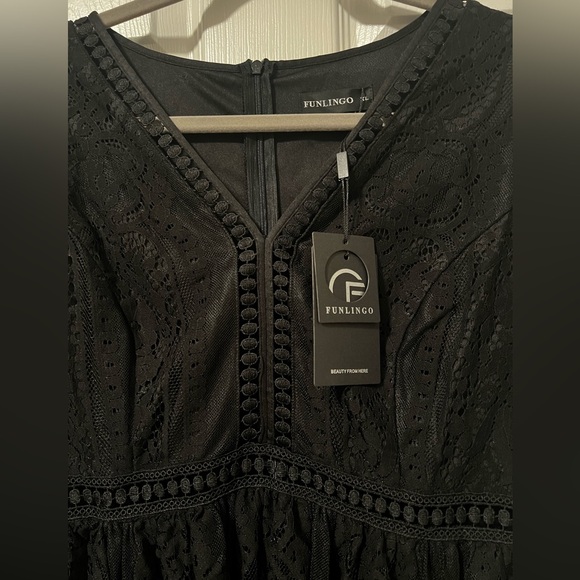Funlingo Women’s Boho Black Lace Mini Dress, Short Sleeve Lined, Size: XL, NWT - Picture 13 of 13